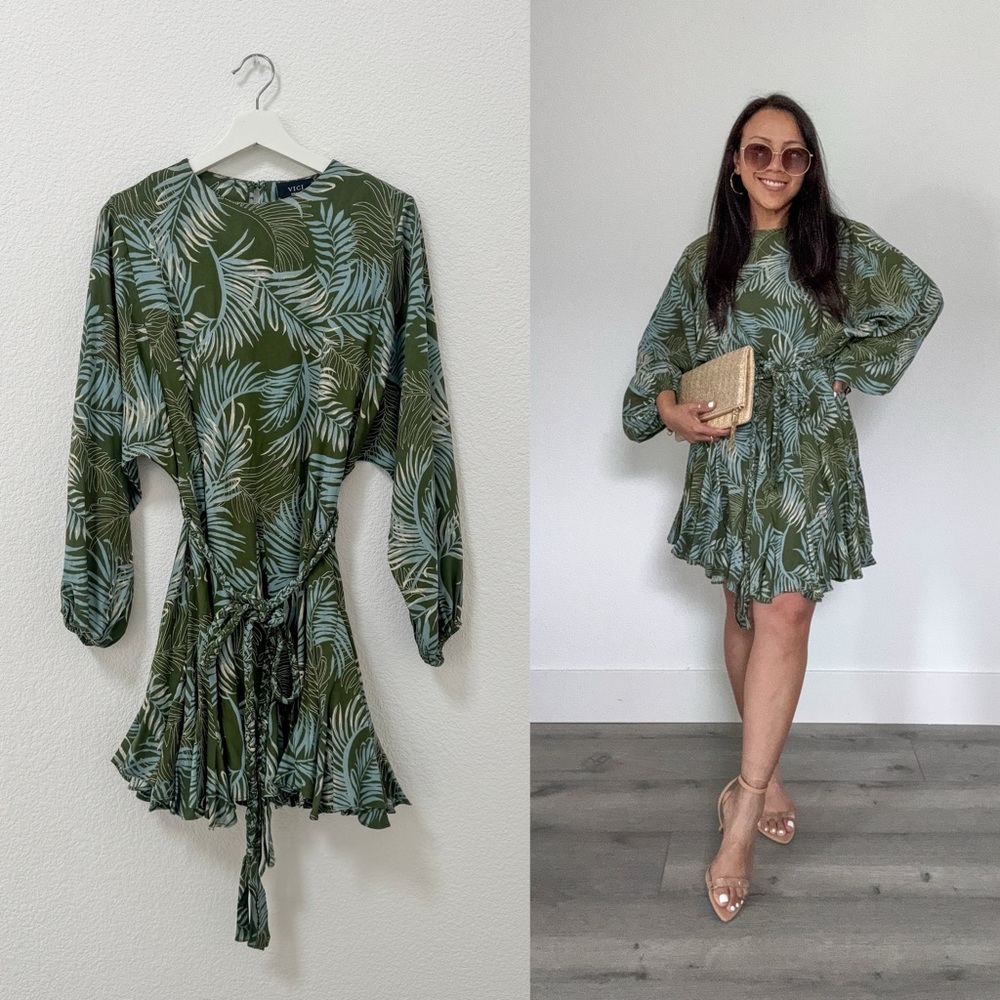 Multi Leaf Print Long Sleeve Tie-Belt Mini Dress (S)